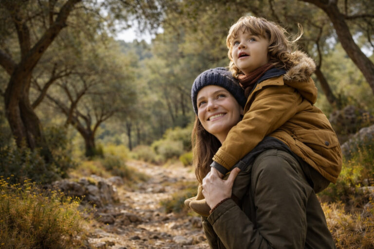 Mujer sonriente con ni&ntilde;o peque&ntilde;o en su espalda en un entorno natural