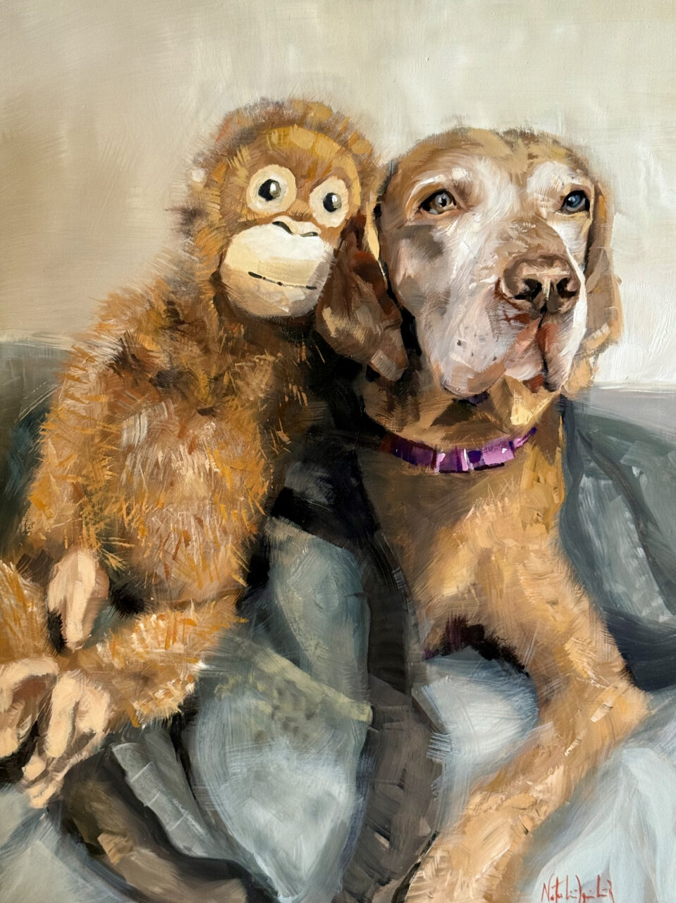 Pintura de un perro Vizsla con un mono de peluche