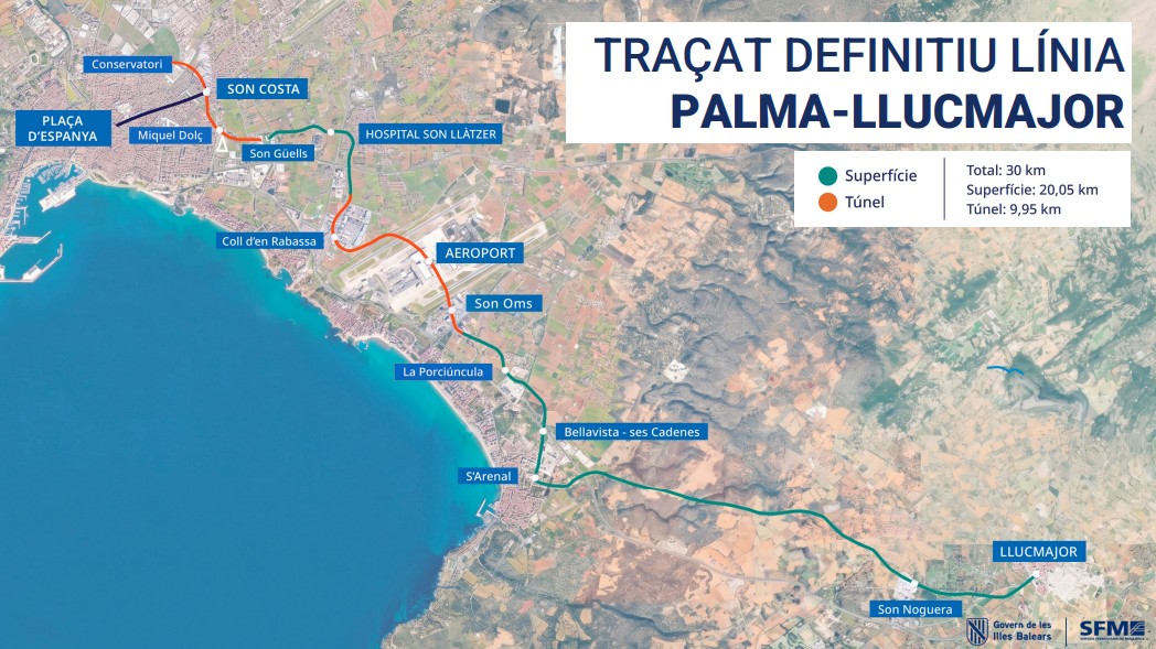 Mapa del recorrido del tren Palma-Llucmajor con estaciones clave