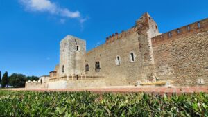 Vista exterior del Palacio de los Reyes de Mallorca con cielo azul