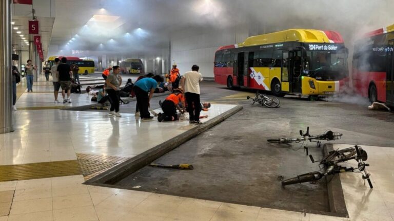 Simulacro de accidente en la estaci&oacute;n Intermodal de Palma con v&iacute;ctimas y humo.