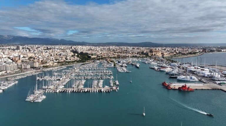 Vista a&eacute;rea del puerto de Palma con barcos y la ciudad al fondo