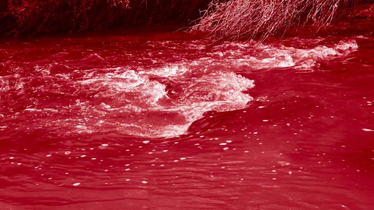Imagen de una obra de Yu Depeng en tonos rojos y agua en movimiento