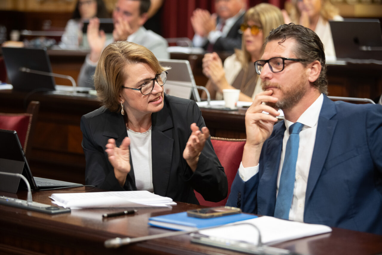 Dos personas conversando en el parlamento durante una sesi&oacute;n.