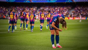 Jugadora del FC Barcelona celebrando un gol en la final de Champions