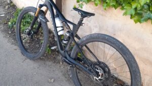 Bicicleta apoyada contra una pared cubierta de hojas verdes