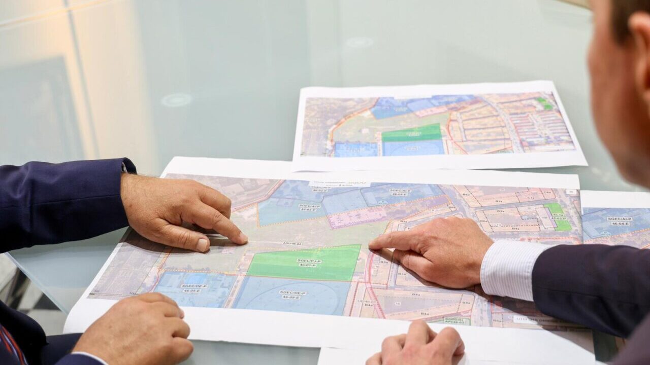 Dos personas revisando planos de construcción de viviendas en una mesa