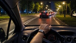 Vista del interior de un coche mientras se conduce de noche