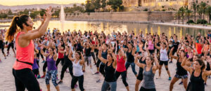 Gran evento de baile al aire libre en el Parc de la Mar con muchas personas participando.