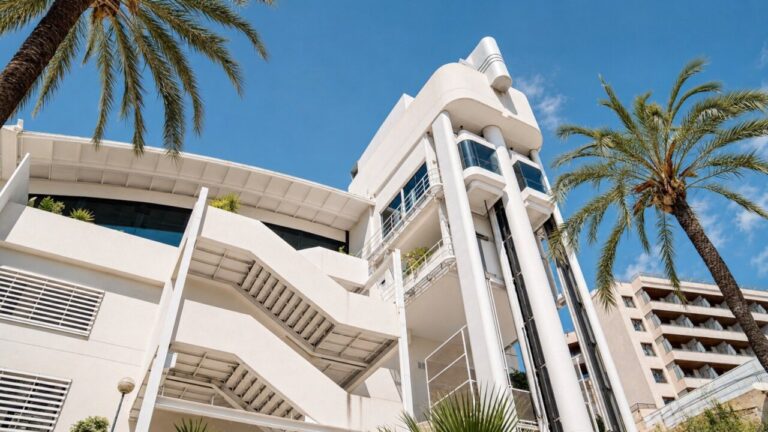 Vista del edificio del nuevo club Fitz en Palma con palmeras