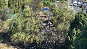 Vista del incendio en un asentamiento de chabolas junto a la v&iacute;a de cintura