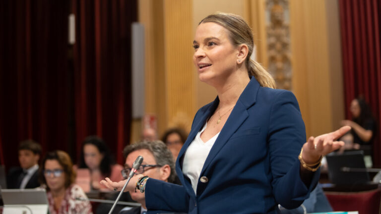 Mujer hablando en el parlamento con asistentes al fondo