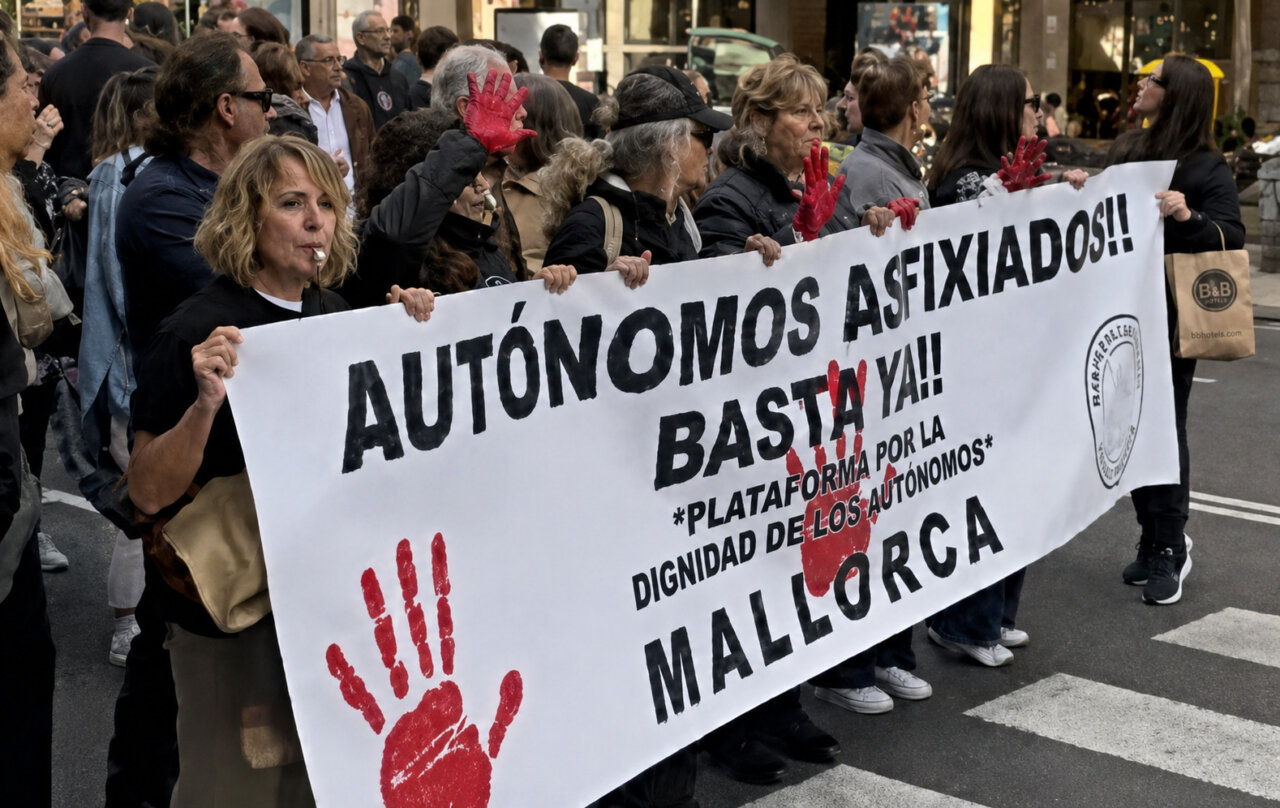 Manifestantes autonomos sosteniendo un cartel en una protesta en Mallorca