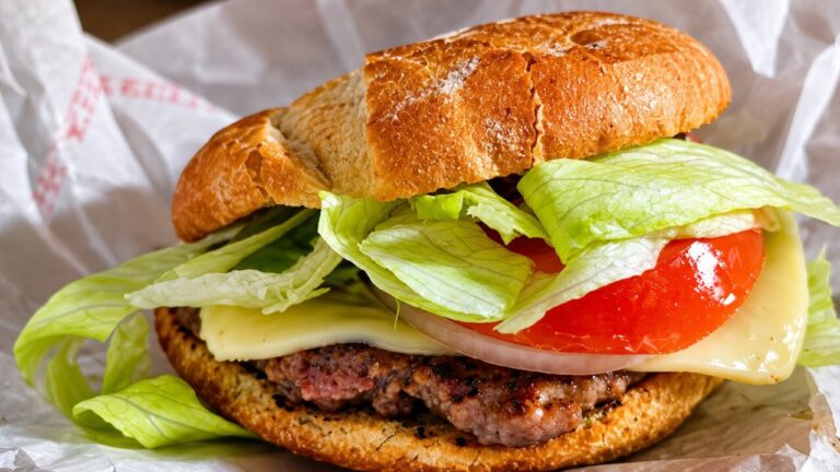 Hamburguesa con lechuga, tomate y queso en pan integral