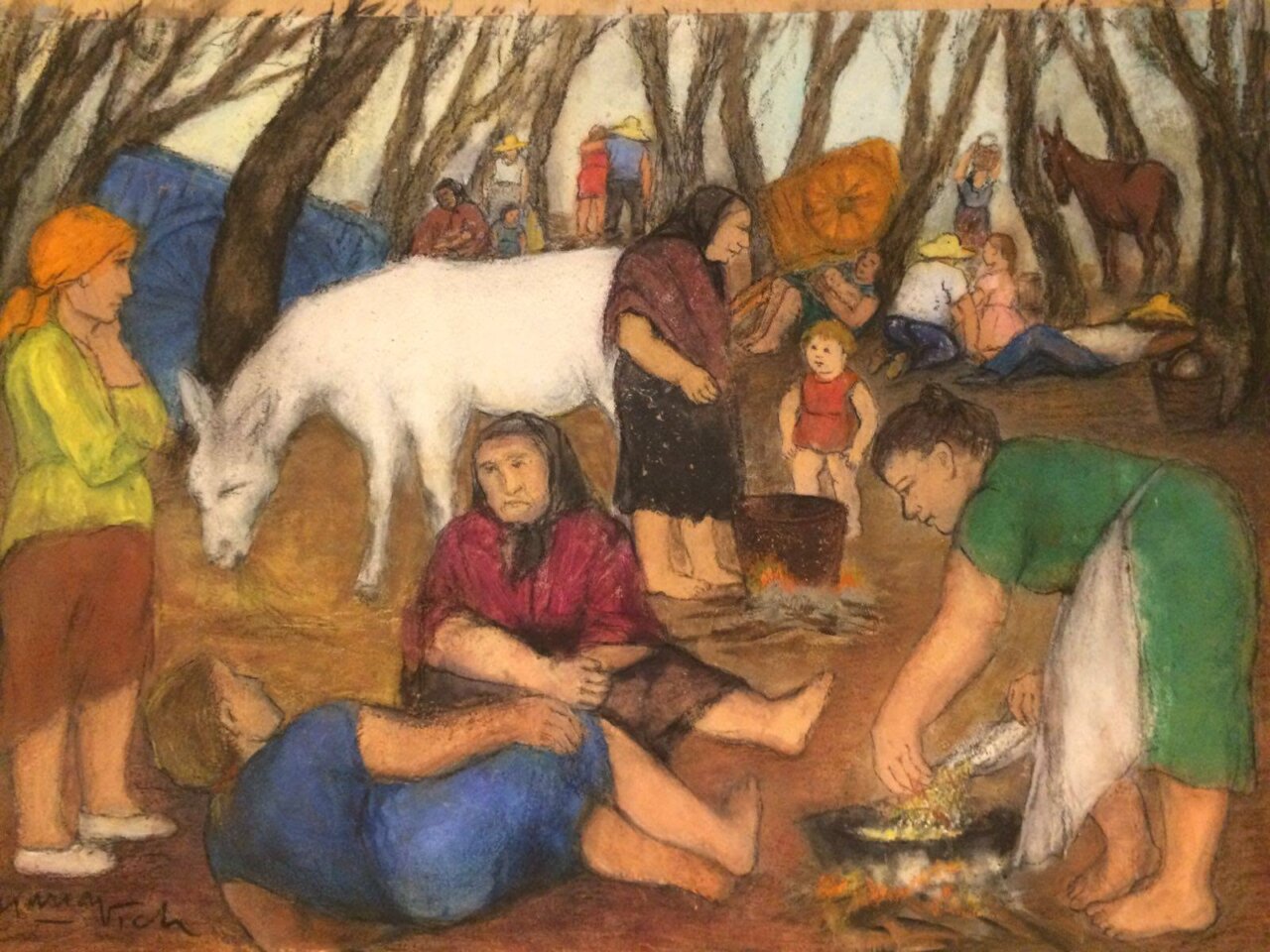 Pintura de una escena rural con personas y un caballo
