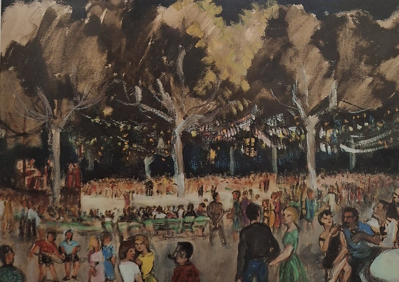Pintura de una multitud en un evento festivo al aire libre
