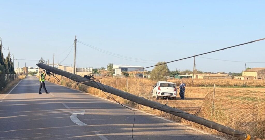 Accidente de coche donde una conductora derriba un poste de telefon&iacute;a en Palma.