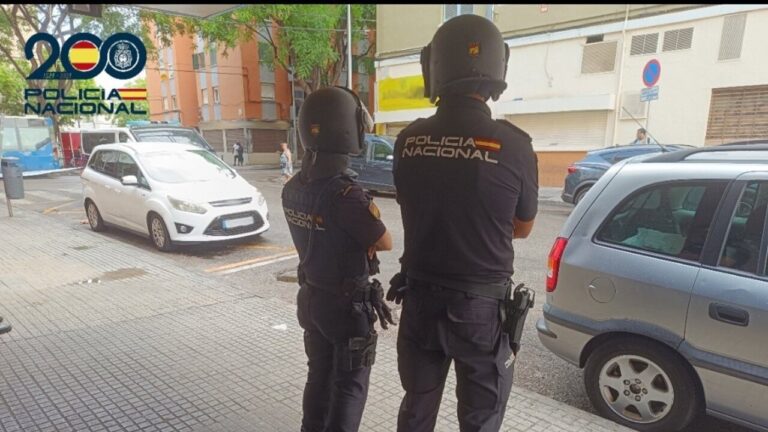 Dos agentes de la Polic&iacute;a Nacional en una calle observando un veh&iacute;culo