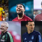 Collage de futbolistas internacionales en diferentes momentos de juego.