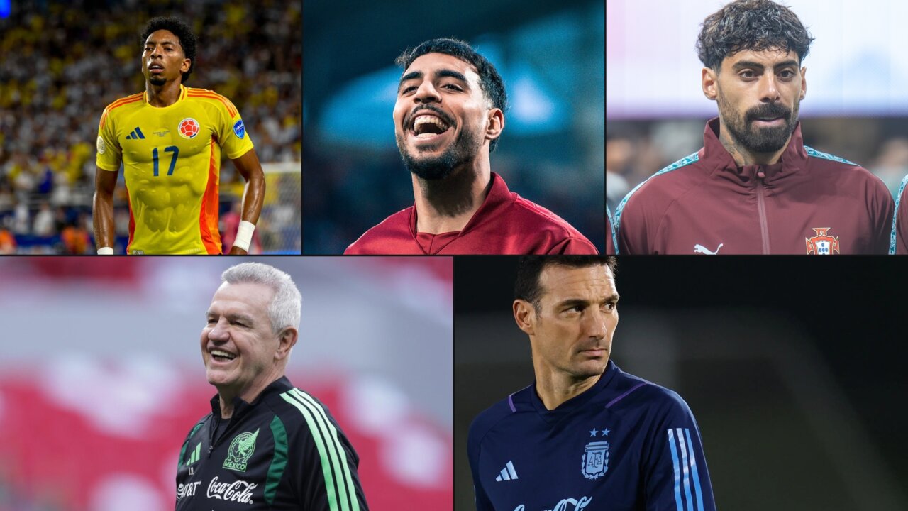 Collage de futbolistas internacionales en diferentes momentos de juego.