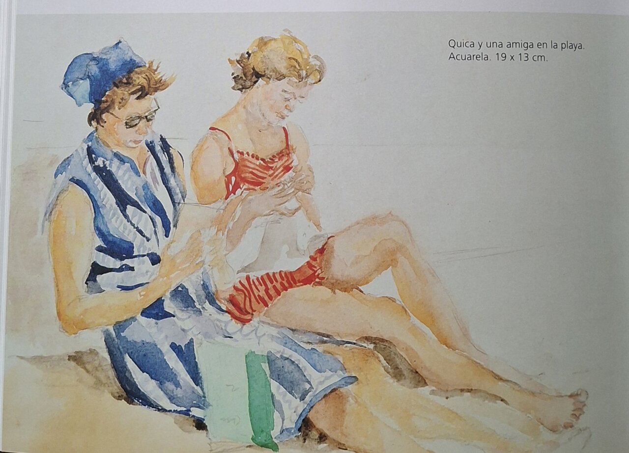 Dos mujeres en la playa disfrutando de la acuarela