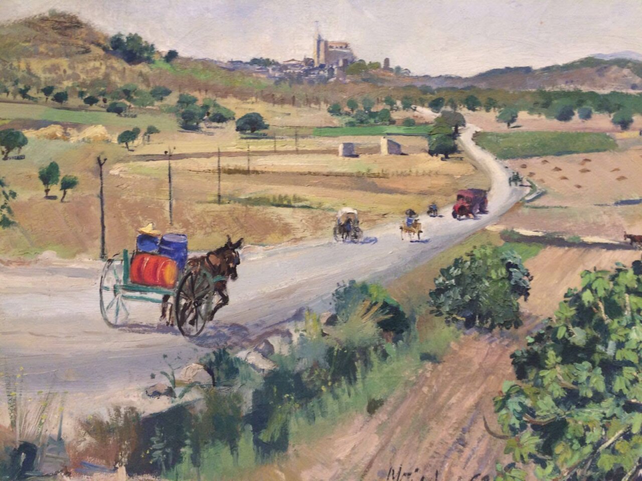 Pintura de un paisaje rural con carros y colinas