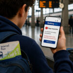 Joven revisando un correo de Booking en su móvil en una estación de tren.