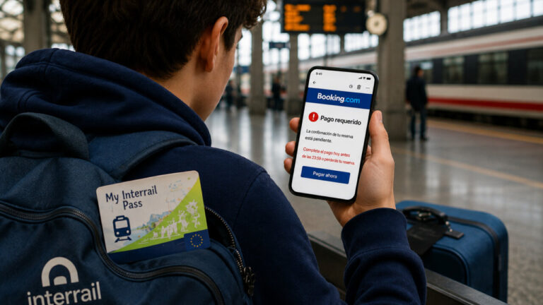 Joven revisando un correo de Booking en su móvil en una estación de tren.