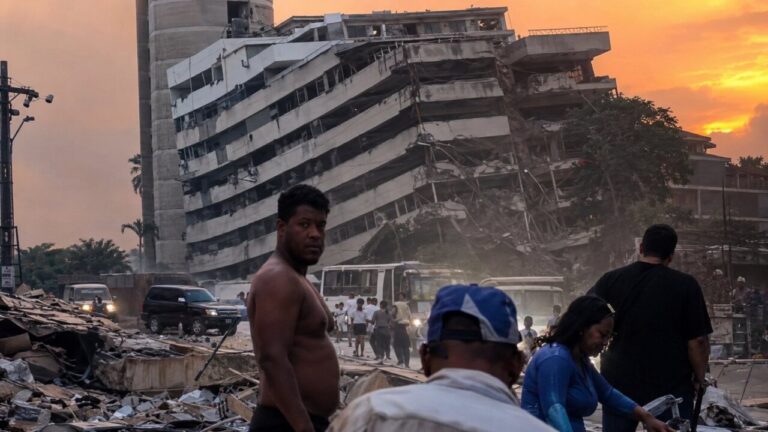Destrucci&oacute;n de edificios tras terremotos en Venezuela con personas en la escena