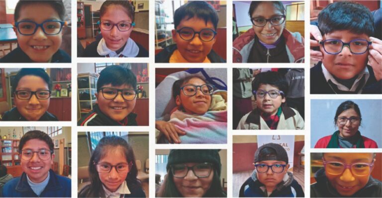 Ni&ntilde;os con gafas en evento de salud ocular en Bolivia
