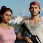 Personajes principales de Grand Theft Auto VI, Lucia y Jason, en un entorno urbano.