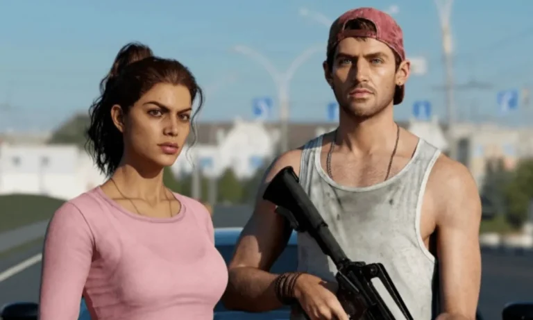 Personajes principales de Grand Theft Auto VI, Lucia y Jason, en un entorno urbano.