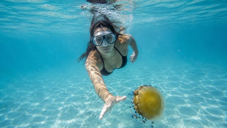 Mujer nadando hacia una medusa en el agua clara