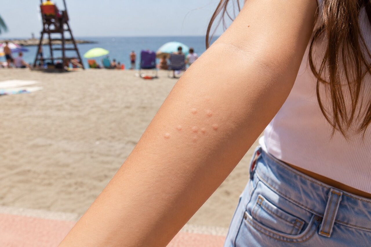 Brazo con marcas de picaduras de medusa en la playa