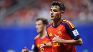 Jugador de la selecci&oacute;n espa&ntilde;ola de f&uacute;tbol durante un partido del Mundial 2026