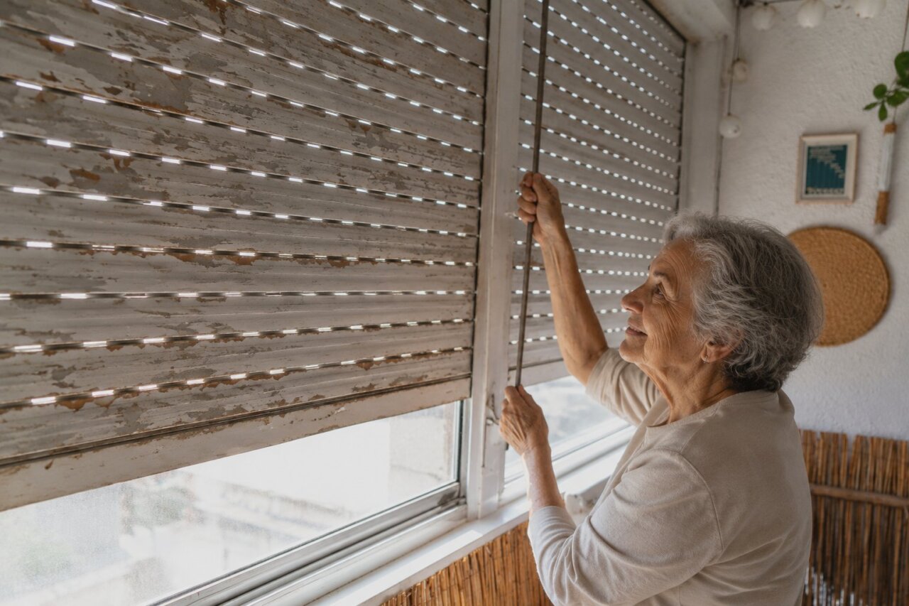 Mujer mayor ajustando una persiana en su hogar.