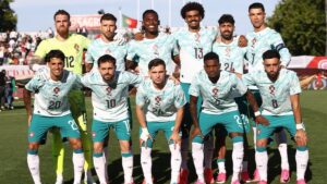 Jugadores de la selecci&oacute;n de f&uacute;tbol de Portugal posando en el campo