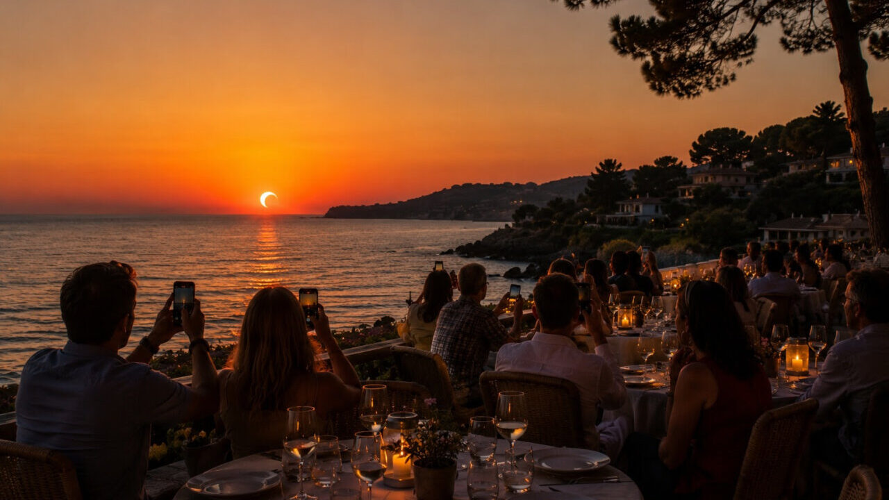 Personas en un restaurante disfrutando del eclipse solar en Mallorca