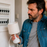 Hombre revisando un cuadro el&eacute;ctrico con un enchufe sin corriente
