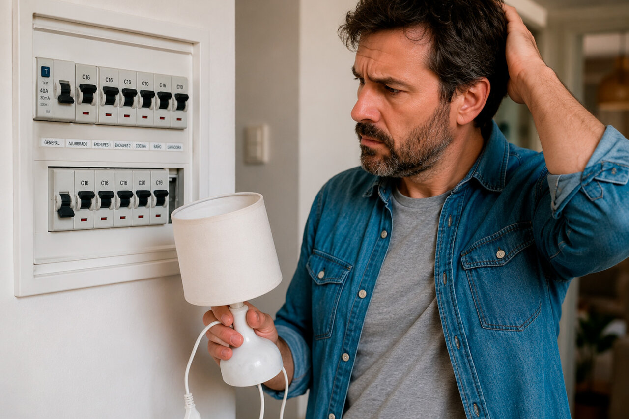 Hombre revisando un cuadro el&eacute;ctrico con un enchufe sin corriente