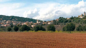 Vista del paisaje en Santa Eug&egrave;nia, Mallorca, con campos y casas.