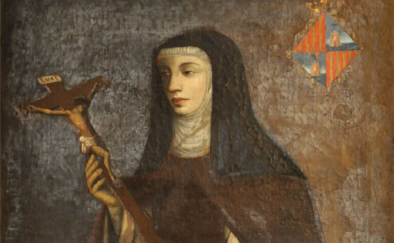 Retrato de la monja mallorquina Clara Andreu sosteniendo una cruz
