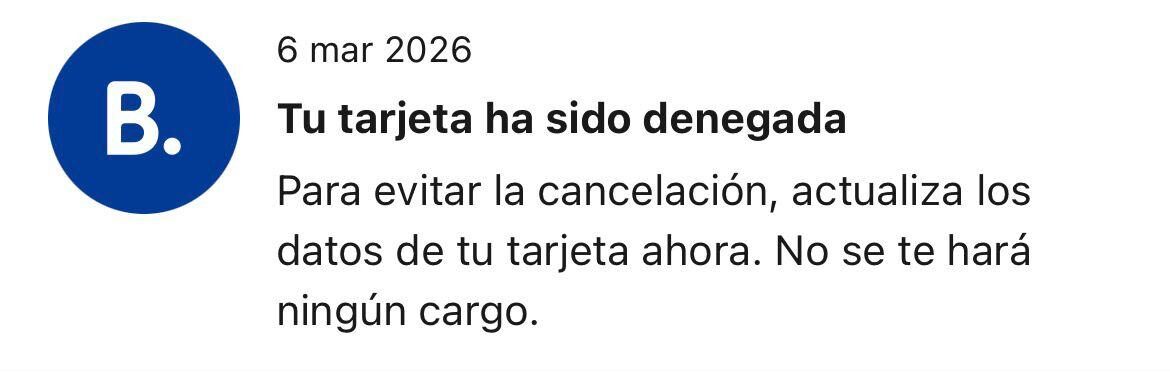Correo electrónico que informa sobre la denegación de tarjeta en Booking