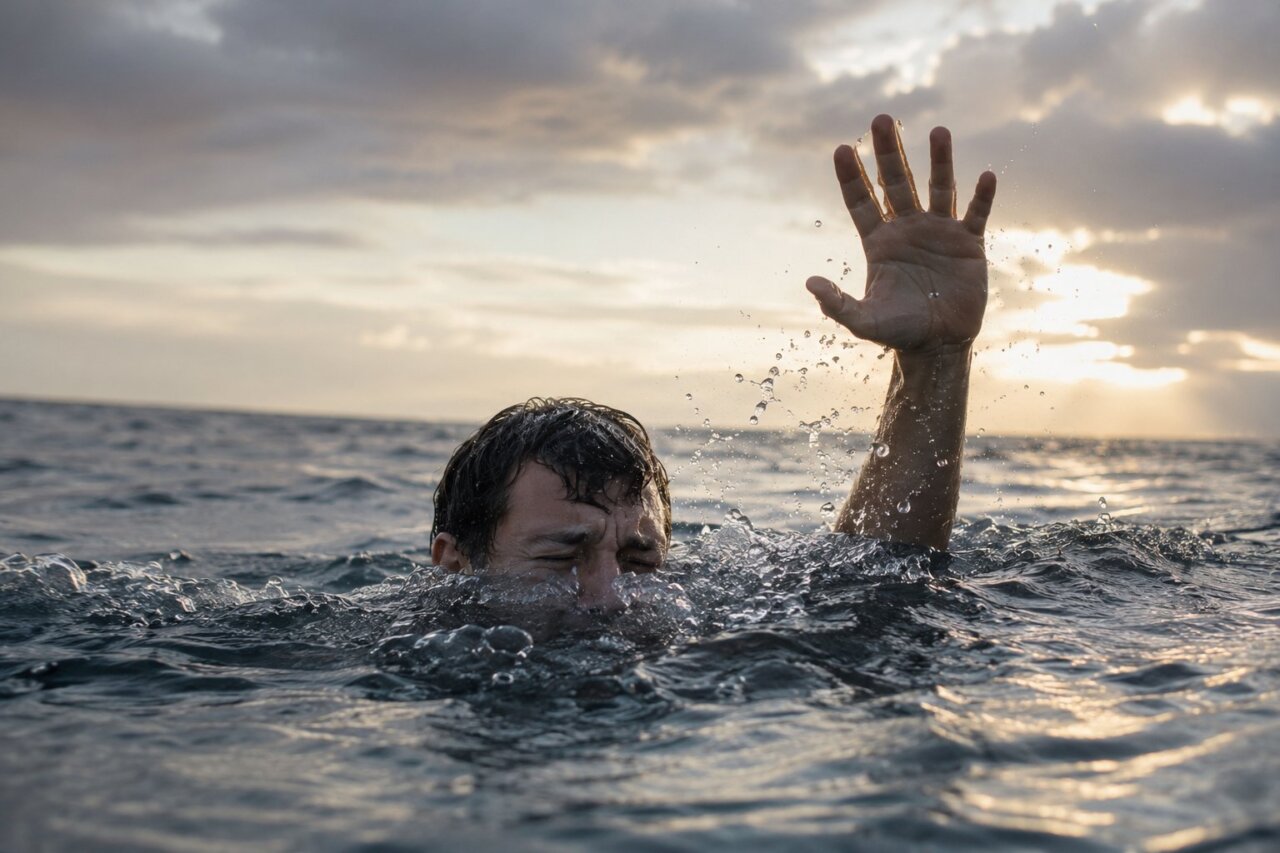 Hombre en el agua levantando la mano en se&ntilde;al de auxilio