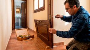Hombre ajustando una puerta que roza el suelo con herramientas