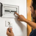 Persona revisando el cuadro el&eacute;ctrico y un enchufe