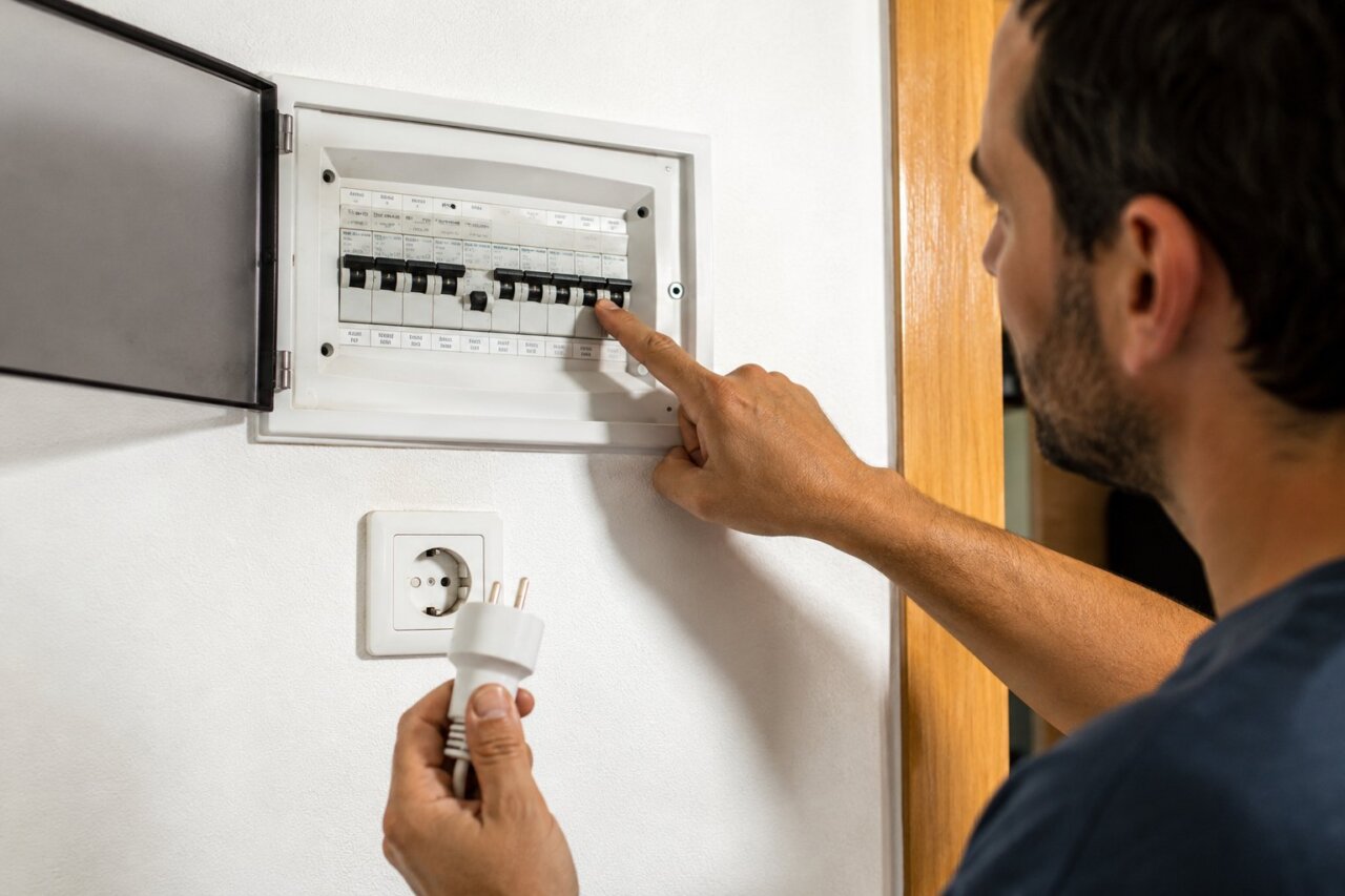 Persona revisando el cuadro el&eacute;ctrico y un enchufe