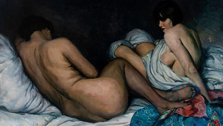 Pintura costera de Federico Molina mostrando dos figuras desnudas en un entorno íntimo.