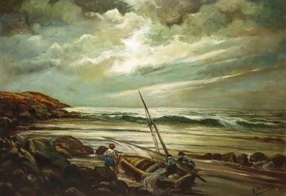 Pintura de Federico Molina con un paisaje costero y pescadores
