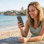 Mujer sonriente en la playa usando su tel&eacute;fono m&oacute;vil
